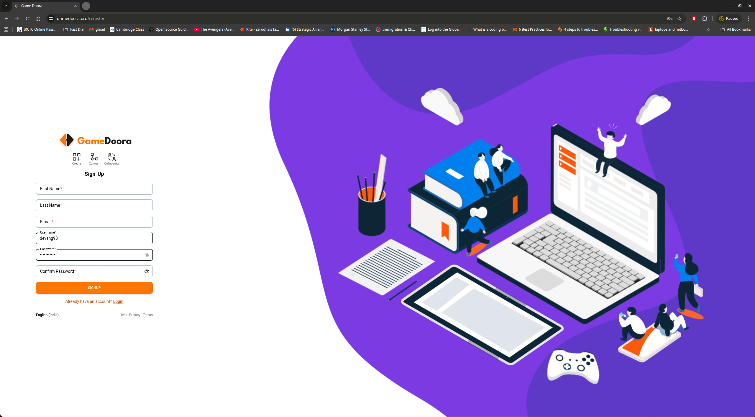 Gamedoora sign-up page