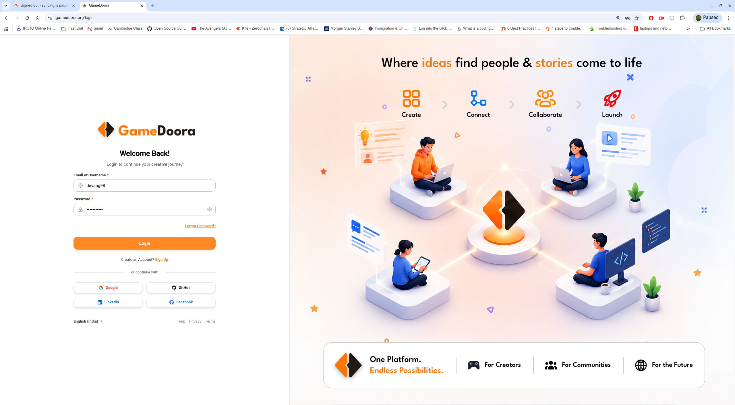 Gamedoora login page