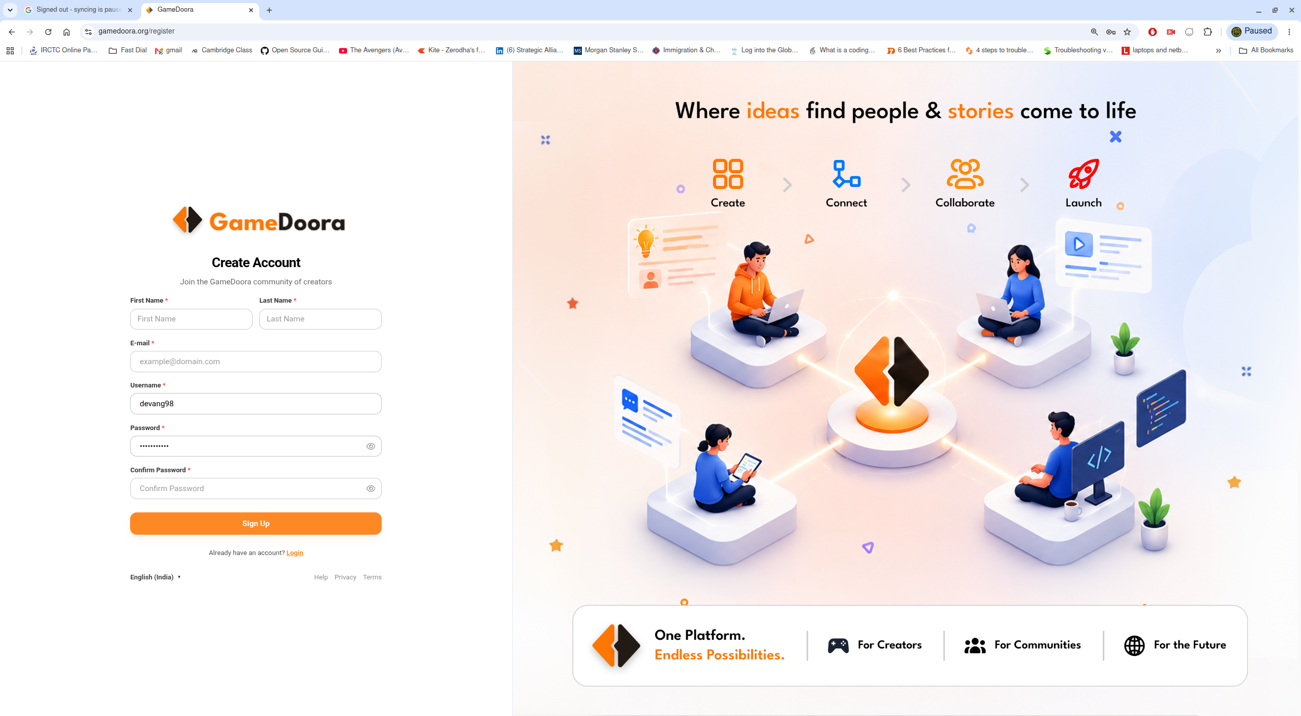 Gamedoora sign-up page