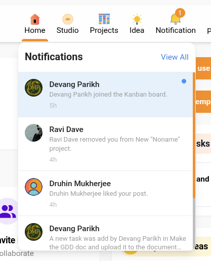 Notification dropdown