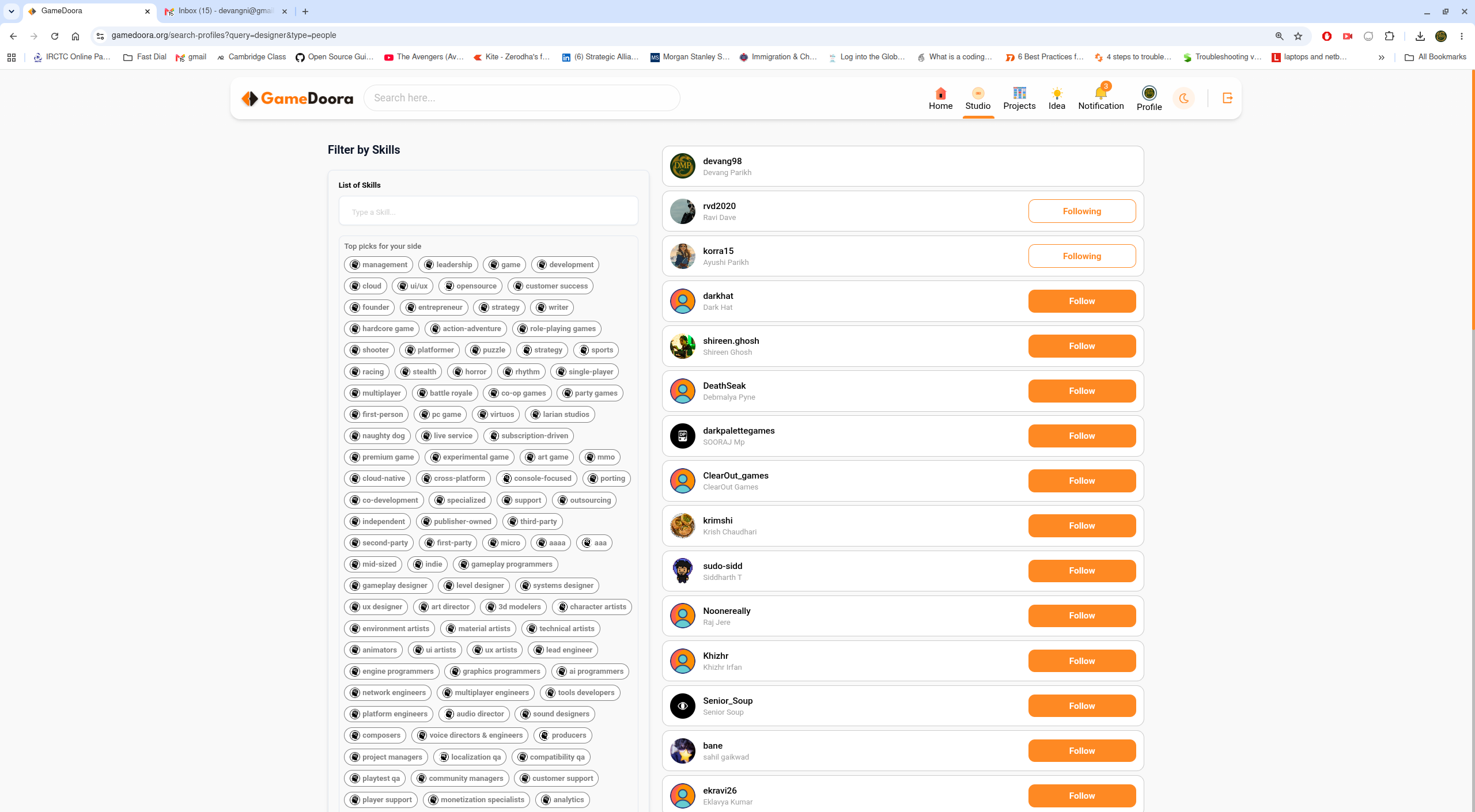 Dedicated People search results with skills filter