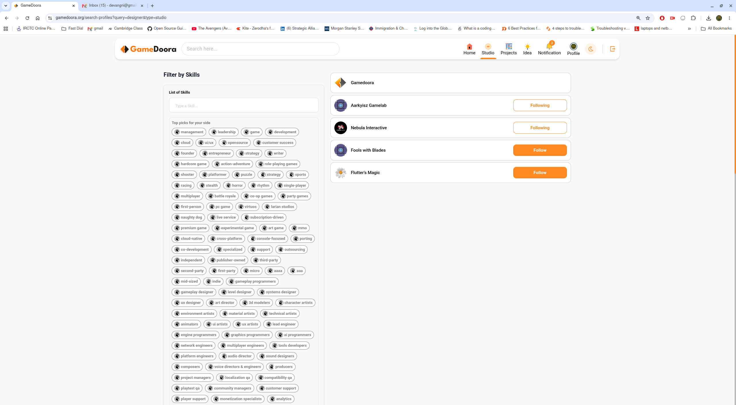 Dedicated Studio search results