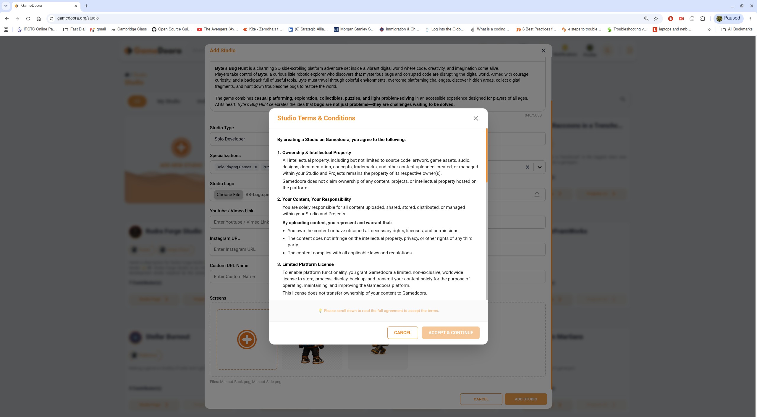 Studio Terms & Conditions modal